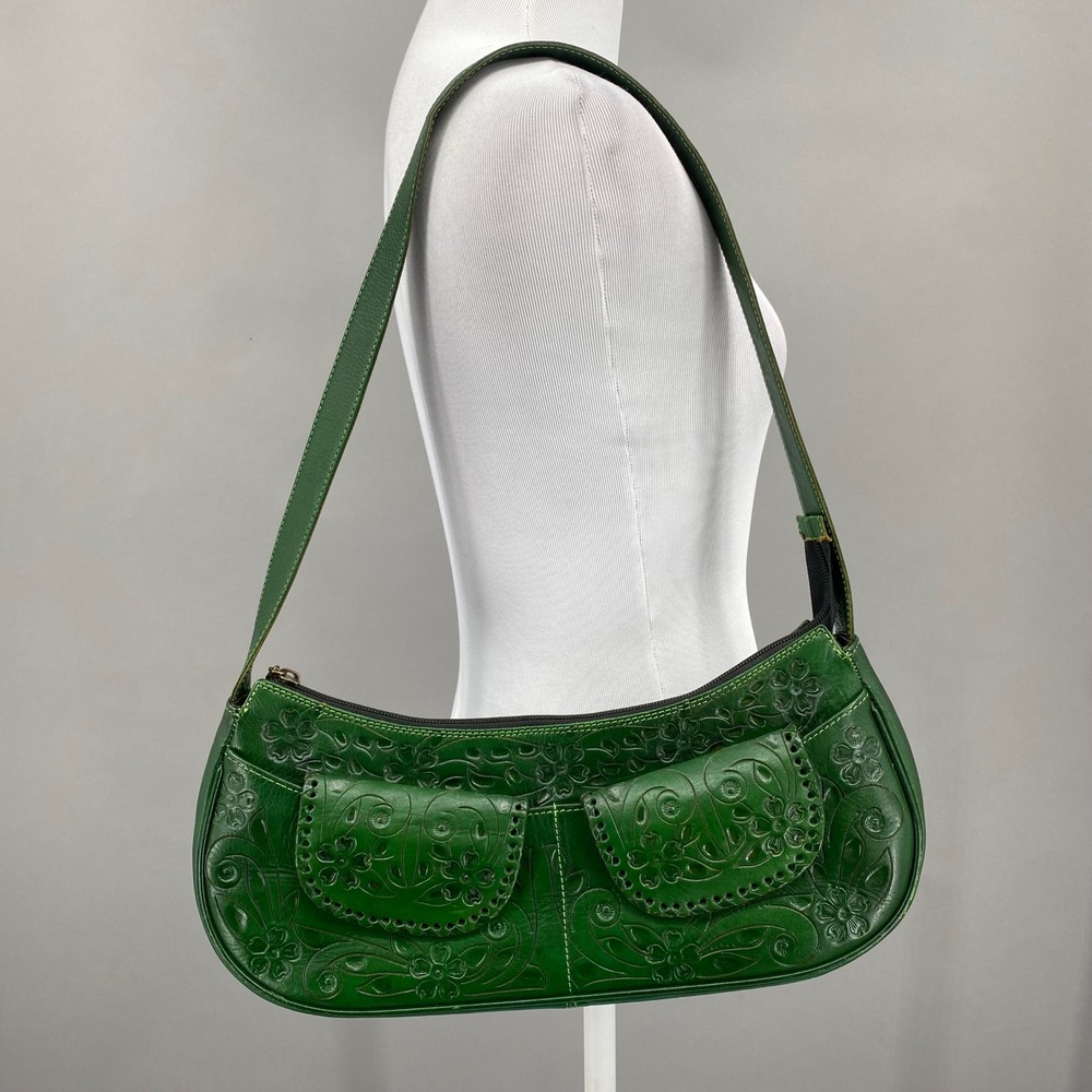 Alexis David Green Tooled Leather Floral Shoulder Bag Boho Mexican Artisan Bag